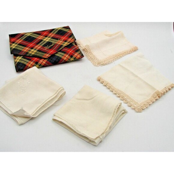 Lot 4 Handkerchiefs White Embroidered Lace Trim w/ Plaid Pouch Storage Case Vtg - Picture 1 of 14